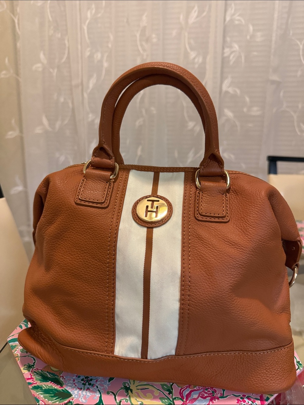 Leather Satchel with Center Stripe and Gold Emblem - Brown